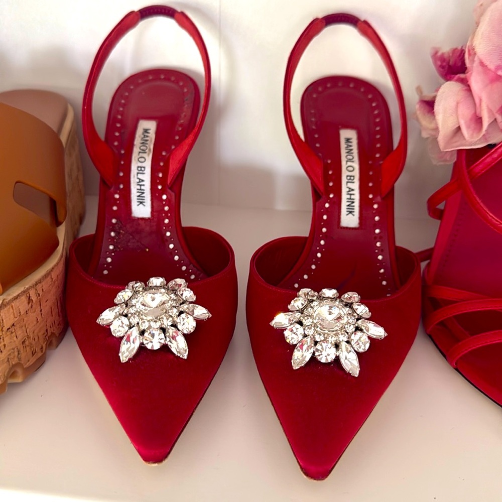 Manolo Blahnik Satin Red Crystal Sling Back Point Toe Heel